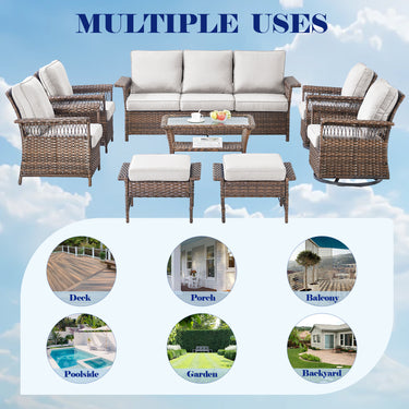 Set of three Belord wicker patio swivel glider chairs with side table for outdoor relaxation, SS Series design.