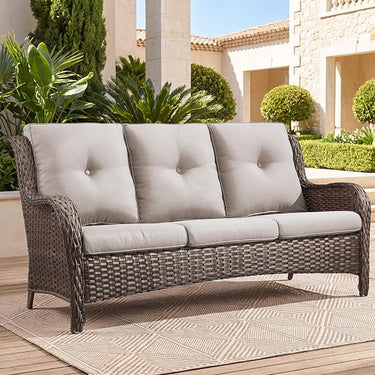 Belord outdoor wicker 3-seater patio sofa from the NTC Series, featuring plush cushions and stylish design for outdoor lounging.