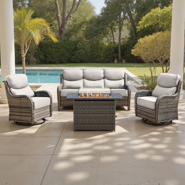 Belord 5-piece patio fire table set with swivel chairs, featuring a fire pit table for outdoor entertaining and relaxation.