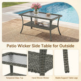 Belord outdoor wicker coffee table with glass top and storage shelf, ideal for patio conversation sets.