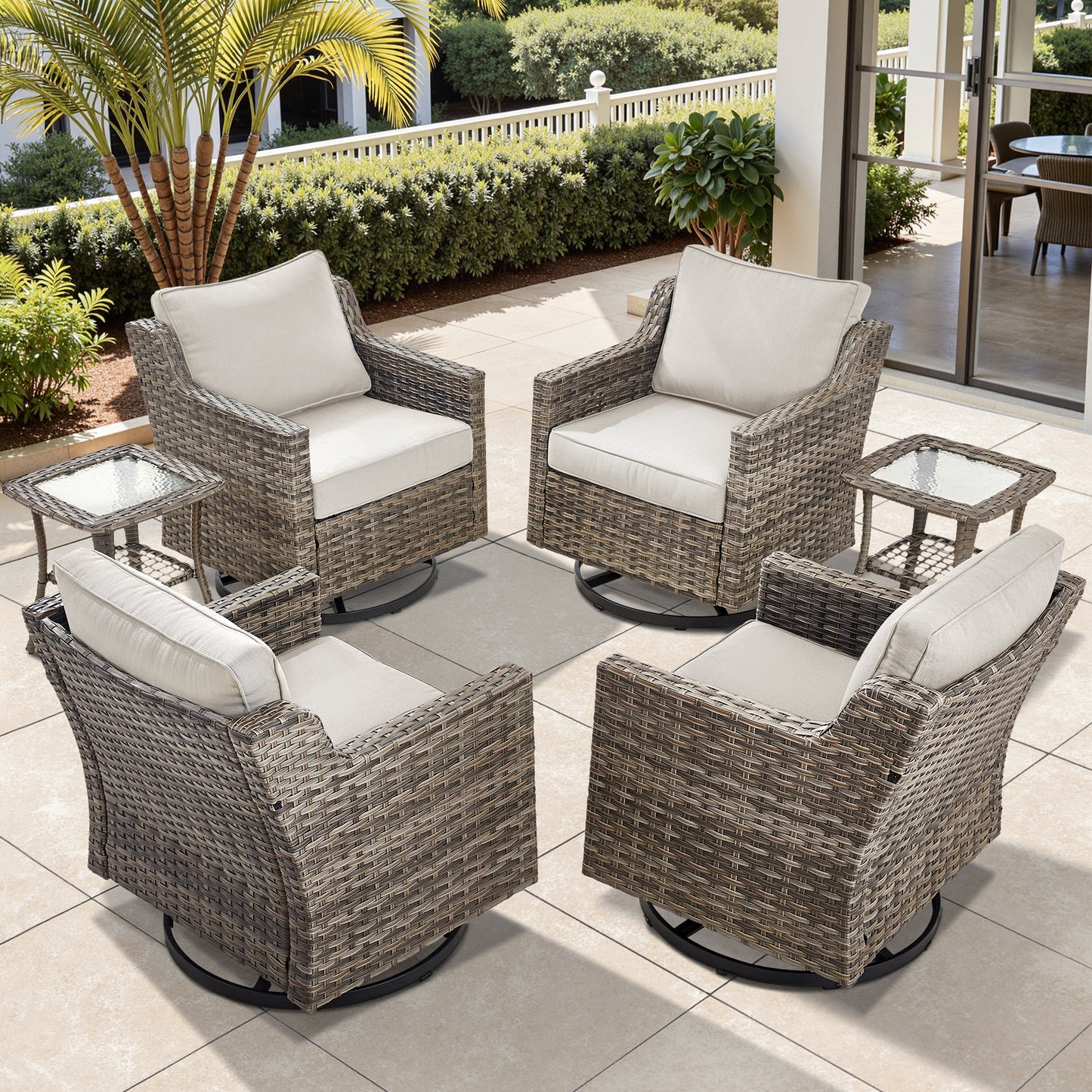 6-Piece Set: Swivel Rocker Chairs (Set of 4) & 2 Side Tables — All-Weather PE Rattan for Patio & Deck, FG Series
