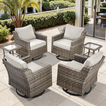6-Piece Set: Swivel Rocker Chairs (Set of 4) & 2 Side Tables — All-Weather PE Rattan for Patio & Deck, FG Series