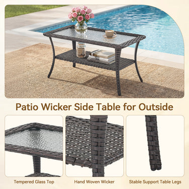 Belord outdoor wicker coffee table with glass top and storage shelf, part of the NTC patio conversation set.