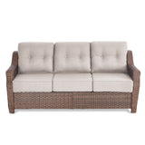 Belord outdoor wicker 3-seat sofa with thick cushions from the OVOLO Series, ideal for patio conversation and outdoor relaxation.