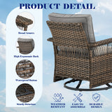 Set of three Belord wicker patio swivel glider chairs with side table, SS Series, featuring woven wicker design and comfortable cushions.