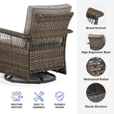 Belord outdoor wicker swivel glider patio chair with 4-inch wide armrests from the SS Series, designed for outdoor relaxation.
