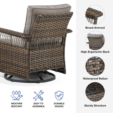 Belord outdoor wicker swivel glider patio chair with 4-inch wide armrests from the SS Series, designed for outdoor relaxation.