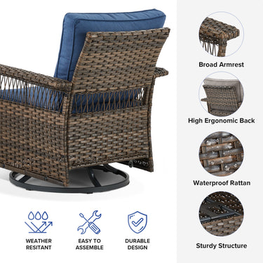 Belord outdoor wicker swivel glider patio chair with 4-inch wide armrests from SS Series, showing a comfortable seating design.