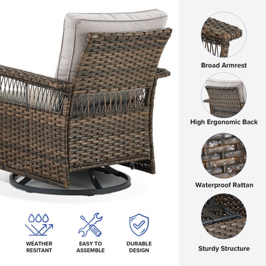 Belord outdoor wicker swivel glider patio chair with 4-inch wide armrests, part of the SS Series, shown in the image.