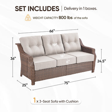 Belord outdoor wicker 3-seat patio sofa with thick cushions from the OVOL series, ideal for outdoor conversation and relaxation.