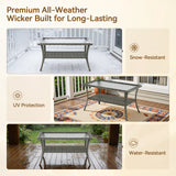 Belord outdoor wicker coffee table with glass top and storage shelf, part of the NTC series patio conversation sets.