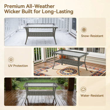 Belord outdoor wicker coffee table with glass top and storage shelf, part of the NTC series patio conversation sets.