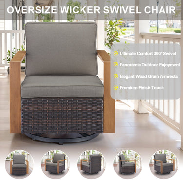 Belord oversize wicker swivel rocker chair with 4-inch water-resistant cushion, part of patio conversation sets, featuring 360° rotation