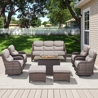 Belord 8-piece patio fire pit set with sofa, swivel chairs, and rattan table, featuring a stylish fire table for outdoor lounging.