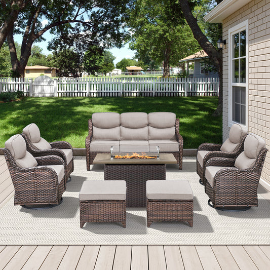 All-Weather Backyard 8PCS Sofa Set with Fire Pit Table – High Back & 6" Cushions, NT Series