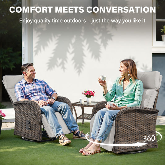 Luxury 3-Piece Adjustable Swivel Set - 360° Rotating PE Wicker Recliners with Side Tables, NDS Series