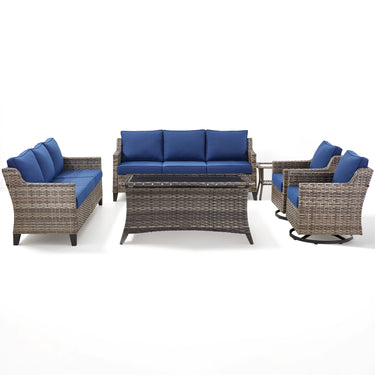 Belord 6-piece outdoor patio furniture set with wicker sofas, swivel chairs, coffee table, and side table for outdoor seating.