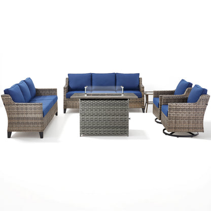 6-Piece Fire Pit Lounge Set: 2 Sofas, 2 Swivel Chairs, Side Table & Long Grey Rattan Fire Pit, FG Series