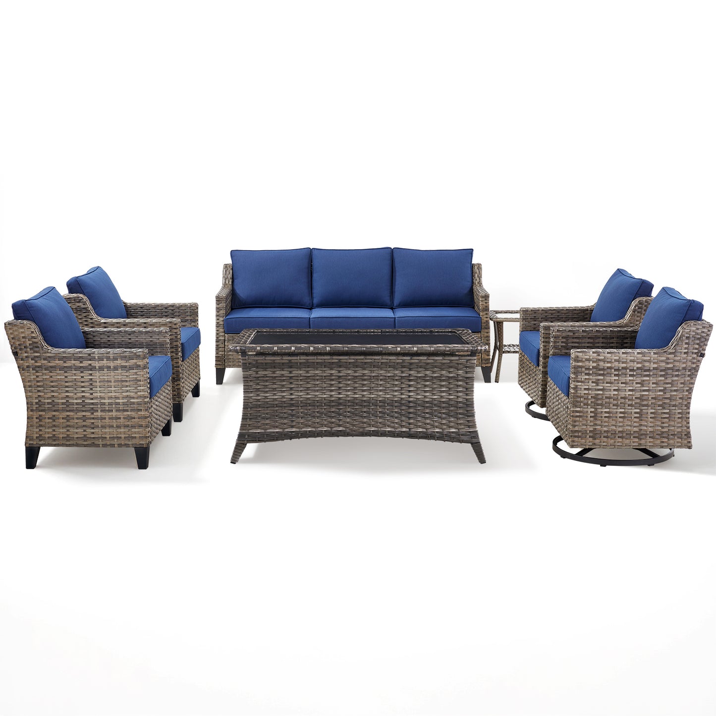 7-Piece Wicker Set: Sofa, 2 Patio Chairs, 2 Swivel Chairs with Coffee Table & Side Table, FG Series
