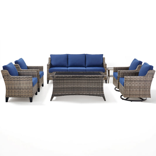 7-Piece Wicker Set: Sofa, 2 Patio Chairs, 2 Swivel Chairs with Coffee Table & Side Table, FG Series
