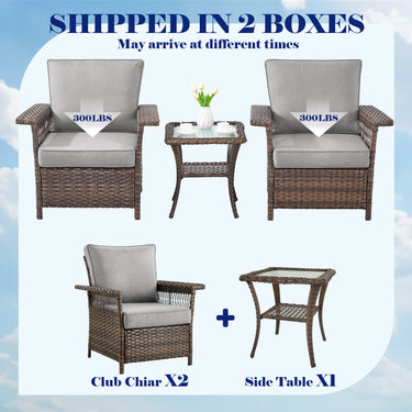 Set of three outdoor wicker patio chairs with a side table by Belord, featuring woven rattan design and metal legs.