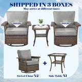 Set of three Belord wicker patio swivel glider chairs with side table from the SS Series, outdoor furniture for relaxing patio spaces.