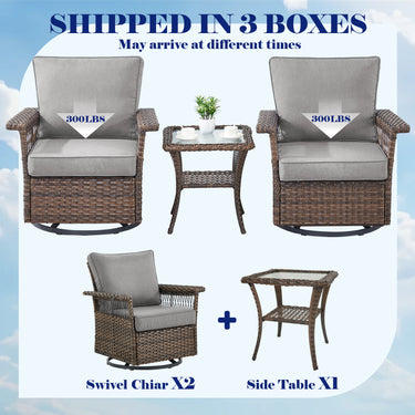 Set of three Belord wicker patio swivel glider chairs with side table from the SS Series, outdoor furniture for relaxing patio spaces.