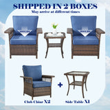 Set of three Belord outdoor wicker patio chairs with matching side table, featuring woven wicker design and sturdy metal frames.