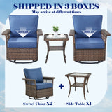 Set of three Belord wicker swivel patio chairs with cushions and a side table, SS Series outdoor furniture for relaxing outdoor spaces.