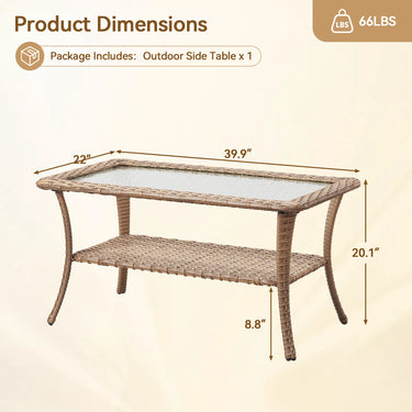 Belord outdoor wicker coffee table with glass top and storage shelf, part of the NTC patio conversation set.