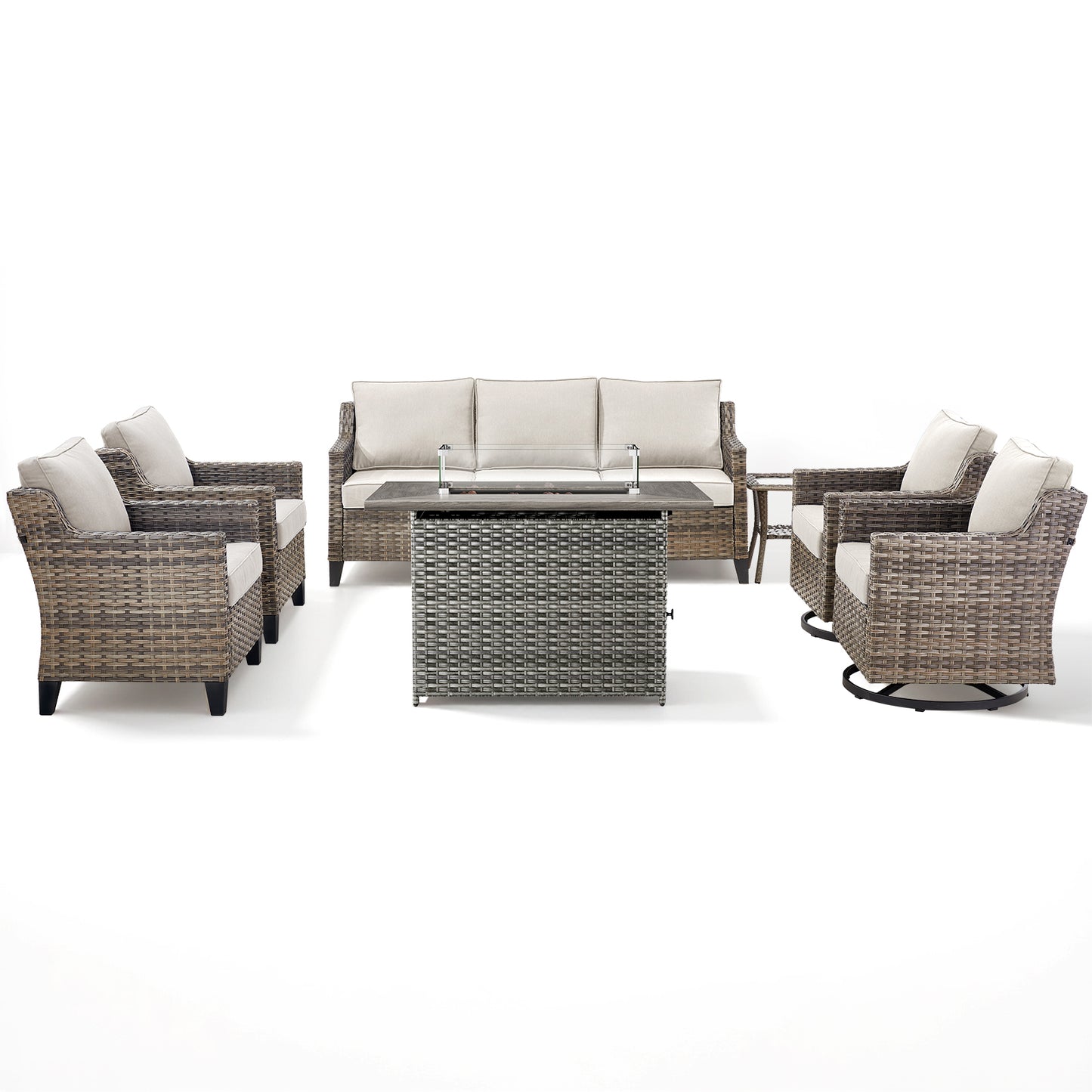 7-Piece Patio Conversation Set with Grey Rattan Fire Pit: Sofa, 2 Side Chairs, 2 Swivel Chairs, 2 Patio Chairs & Side Table, FG Series
