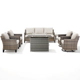 Belord 7-piece patio fire pit set includes swivel chairs and side table, perfect for outdoor seating and fire features.