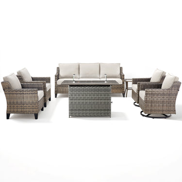 Belord 7-piece patio fire pit set includes swivel chairs and side table, perfect for outdoor seating and fire features.
