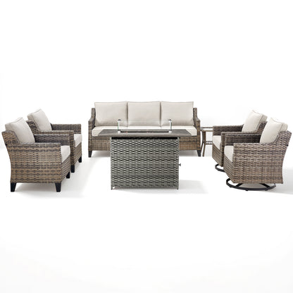 7-Piece Patio Conversation Set with Grey Rattan Fire Pit: Sofa, 2 Side Chairs, 2 Swivel Chairs, 2 Patio Chairs & Side Table, FG Series