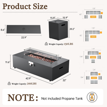 43" Propane Fire Pit Table – 55,000 BTU, Glass Shield & Lid