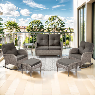 Belord 6-piece patio conversation set with glider loveseat from the NDS Series, featuring outdoor lounge and seating arrangements.
