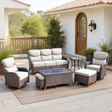 Belord 7-piece patio wicker sofa set with swivel chairs, featuring plush cushions and a stylish outdoor conversation arrangement.