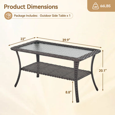 Belord outdoor wicker coffee table with glass top and storage shelf, part of the patio conversation sets in the NTC series.