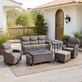 Belord 7-piece patio wicker sofa set with swivel chairs, featuring cushioned seating and a stylish outdoor conversation arrangement.