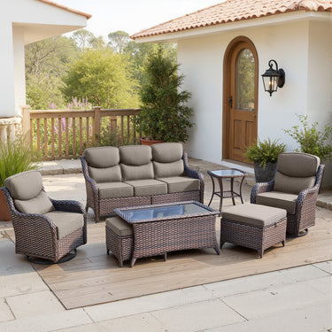 Belord 7-piece patio wicker sofa set with swivel chairs, featuring cushioned seating and a stylish outdoor conversation arrangement.