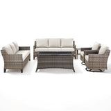 Belord 6-piece outdoor patio furniture set with wicker sofas, swivel chairs, coffee table, and side table for outdoor conversation.