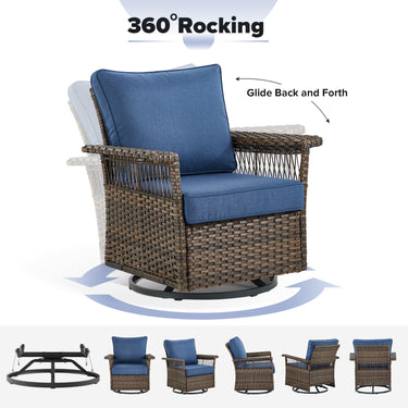 Belord outdoor wicker swivel glider patio chair with wide armrests, stainless steel frame, and plush cushion, perfect for patio relaxation.