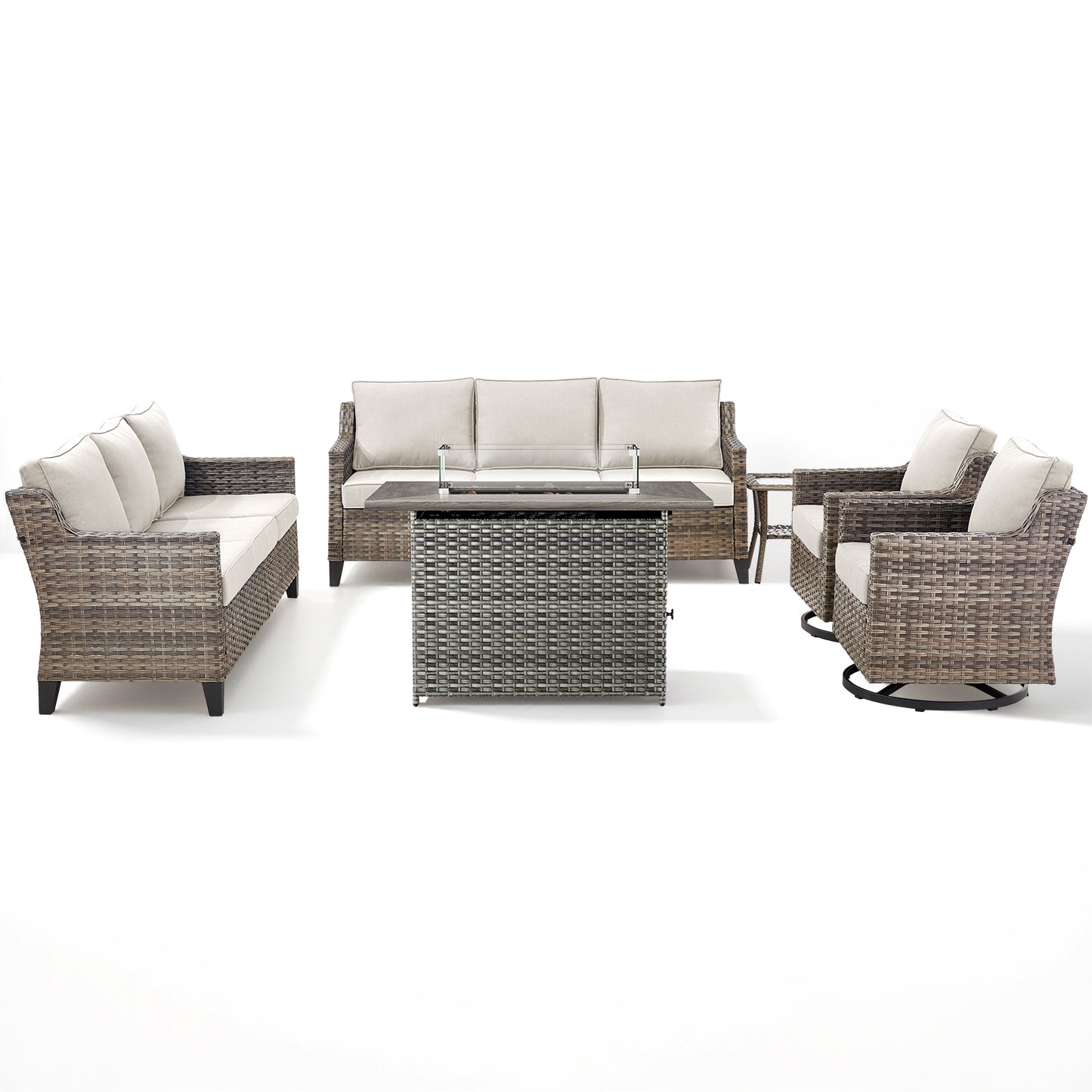 6-Piece Fire Pit Lounge Set: 2 Sofas, 2 Swivel Chairs, Side Table & Long Grey Rattan Fire Pit, FG Series
