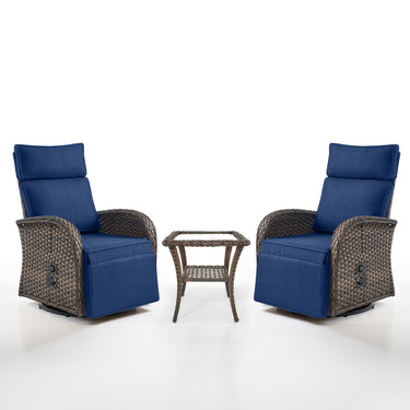 Luxury 3-Piece Adjustable Swivel Set - 360° Rotating PE Wicker Recliners with Side Tables, NDS Series - Belord
