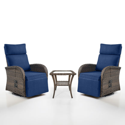 Luxury 3-Piece Adjustable Swivel Set - 360° Rotating PE Wicker Recliners with Side Tables, NDS Series