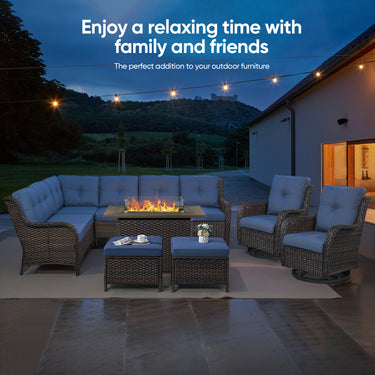 Belord 41-inch rectangular propane fire pit table with wicker and steel design, glass cover, and hidden tank for patio use.