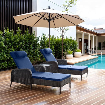 Belord 3-piece outdoor wicker chaise lounge set with two adjustable 75-inch lounges, side table, and olefin cushions for patio seating.