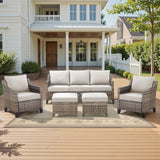 Belord 5-piece outdoor lounge set with high-back wicker sofa, two patio chairs, ottomans, and plush cushions for patio relaxation.
