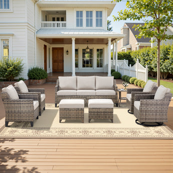 Belord 8-piece modular patio set including sofa, swivel chairs, ottomans, and side table for outdoor conversation.