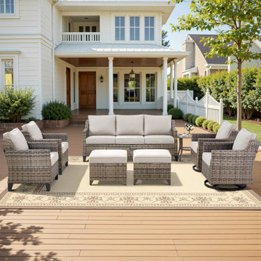Belord 8-piece modular patio set including sofa, swivel chairs, ottomans, and side table for outdoor conversation.